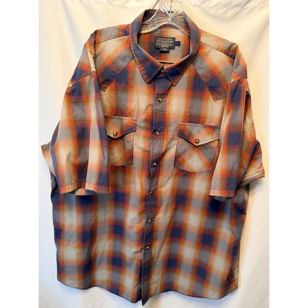 Pendleton Men's 2XL Brown Blue Red Plaid Pearl Snap Short Sleeve Shirt *Read